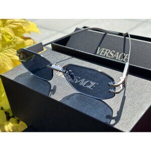 Versace VE2274 100080 Silver/Dark Blue Oval Women Sunglasses Authentic